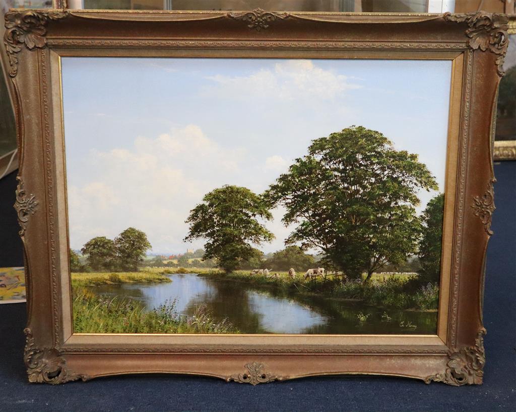 Edward Hersey (1948-) River landscape with cattle in meadows 17.75 x 23.5in.
